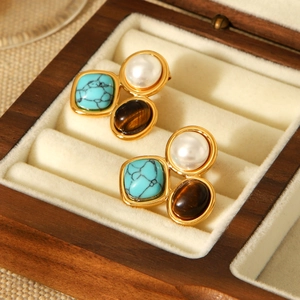 French vintage earrings in gold stainless steel with pearl, turquoise and tiger eye stones