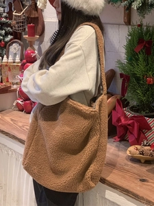 Brown fluffy teddy fleece tote bag for women with large capacity and soft shoulder strap