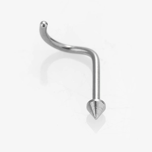 Macro view of silver stainless steel L-shaped nose stud with polished conical tip detail