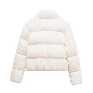 Back view of a white cable-knit down jacket for women with thick quilted fabric