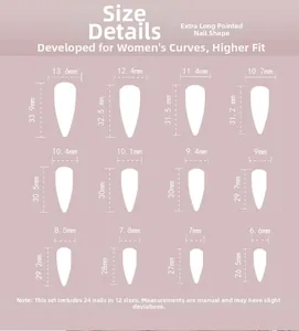 Size chart for stiletto press-on nails showing 12 different widths and lengths in a 24pc set