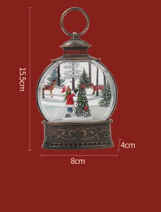 Detailed dimensions of a vintage bronze Christmas lantern with festive snow scene