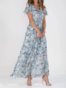 Short sleeve floral chiffon maxi dress in light blue with V-neck and ruffled sleeves