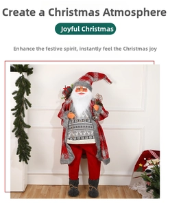 Standing Santa figurine in red and grey plaid robe with reindeer knit sweater detail