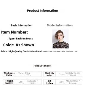 Detailed size chart for lace midi dress with model measurements and fabric specifications