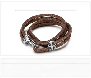 Detail view of brown braided leather wrap bracelet with stainless steel hook clasp
