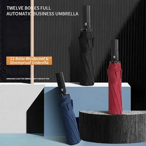 Automatic 12-rib folding business umbrellas in black, burgundy and navy with a large canopy