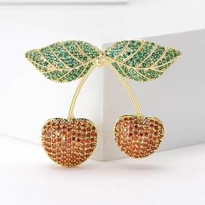 Exquisite cherry brooch with micro-pave green leaf and red cubic zirconia in gold plating