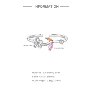 Detailed view of S925 sterling silver ring with flower zircons and size annotations