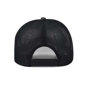 Detail view of the breathable black mesh back and adjustable snapback closure of the hat