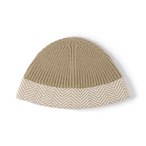 Thick knitted beanie with khaki vertical stripes and white wavy patterns for winter warmth