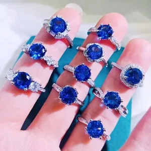 Elegant set of 10 sapphire style silver rings with luxury sparkling blue gemstones