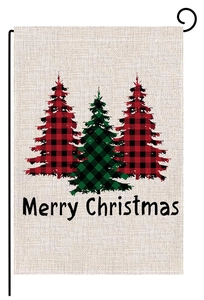 Close-up of Merry Christmas garden flag with watercolor red and green plaid trees