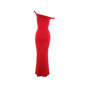 Detail of red off-shoulder slim-fit evening dress with elegant floor-length hem