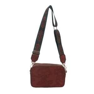 Minimalist brown floral embossed square crossbody bag with ethnic style wide strap