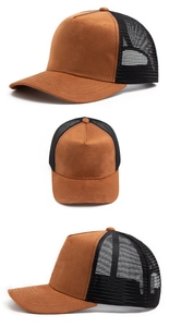 Detailansicht der braunen Wildleder Trucker Cap mit schwarzem Netzrücken und Nähten
