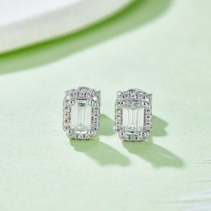 S925 sterling silver emerald cut 1ct moissanite halo stud earrings with micro pave stones