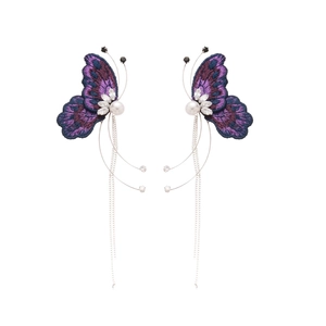 Elegant butterfly embroidery earrings with pearls, crystals and long tassels for women