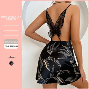 Nuisette Dos Nu Sexy Satin Dentelle Papillon Dos Col Bénitier Bretelles Spaghetti Mini Vêtement De Nuit Pour Femme