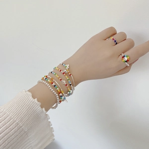 S925 sterling silver beaded bracelet set with rainbow colors and smiley face charms