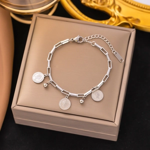 Silver stainless steel double layer chain bracelet with coin charms on display box