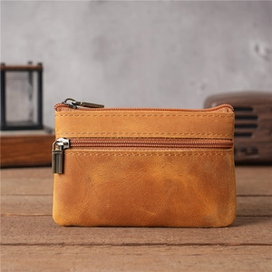 Porte-monnaie rétro en cuir véritable crazy horse avec double zip en bronze poli