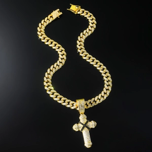 Iced out gold Cuban link necklace with sparkling cross pendant for men's hip hop style