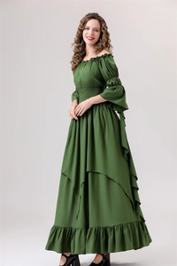 Detail of dark green renaissance dress with off-the-shoulder neckline and flared sleeves