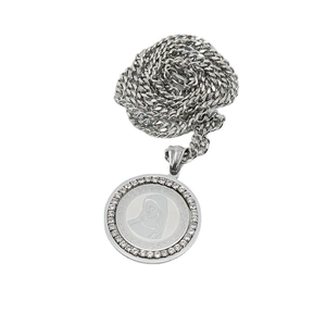 Silver tone 18K stainless steel Cuban chain with Greek key engraved saint portrait pendant