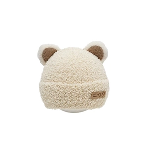 Winter plush baby hat with cute bear ears and ear protection in creamy white knit