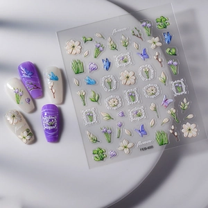 3D embossed floral nail stickers with butterfly patterns and decorative frame designs