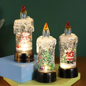 Three LED Christmas candle lights with snowman, tree, and Santa inside liquid glitter