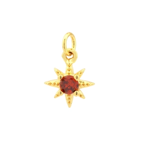 Macro detail of 18K gold plated star pendant with red cubic zirconia stone inlay