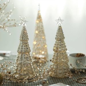 Glass Christmas Tree LED Lighted Desktop Ornament Mercury Finish Holiday Home Tabletop Decoration Warm Glow