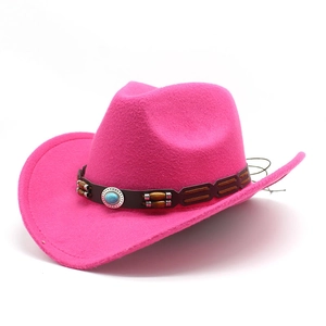 Detail of fuchsia wool cowboy hat featuring a leather band with turquoise stone inlay