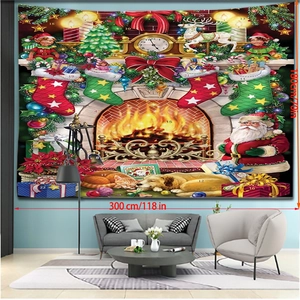 Detail view of large 300x180cm Christmas wall tapestry with fireplace and reindeer motif