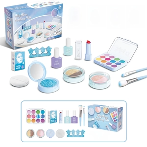 Blue 12pcs pretend play makeup kit for girls with simulated lipstick and nail polish