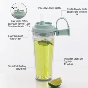 Double-layer plastic tumbler with straw and magnetic handle for bubble tea 24.5cm