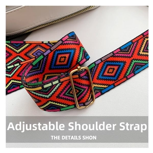 Detail of adjustable colorful woven geometric shoulder strap with gold metal buckle