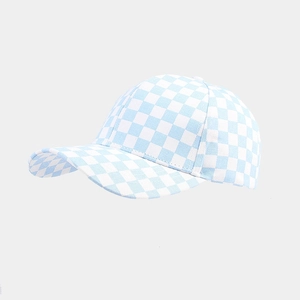 Detailed close-up showing light blue and white checkered pattern on a baseball cap