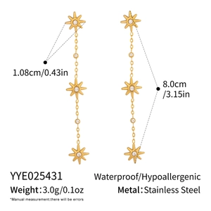 Detailed size specifications for gold stainless steel triple star drop earrings