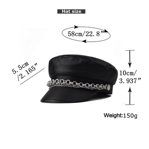 Size chart for the black PU leather beret showing 58cm circumference and silver chain detail