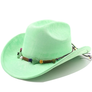 Close-up of mint green suede cowboy hat featuring ethnic style colorful stone bead band