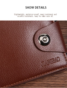 Close-up of brown litchi grain leather wallet with metal snap button and logo