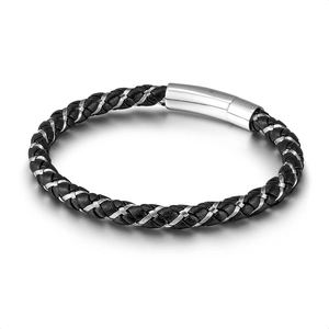 Minimalist black braided leather bracelet with silver magnetic metal clasp for couples