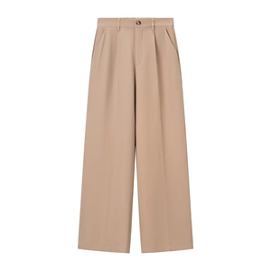 Women's high waist wide leg trousers in khaki suit fabric with front pleat detail