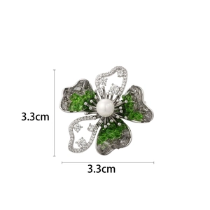 Elegant 3.3cm colorful crystal flower brooch with white pearl and green stone petals