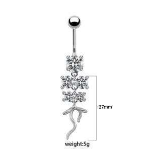 Detail view of heart-shaped belly ring showing total length of 27mm and 5g weight