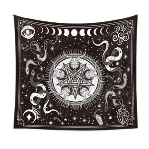 Detail of gothic tapestry featuring Baphomet pentagram, snakes, and lunar phases