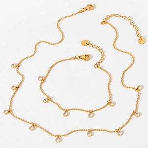 Gold stainless steel zircon jewelry set featuring fringe necklace and bracelet